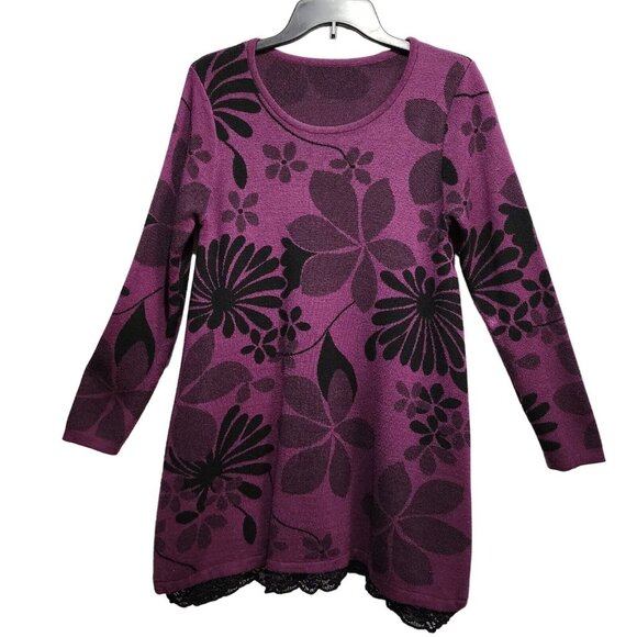 Purple Tunic Top Sweter Long Sleeve With Lace Hem Cashmere And Wool Blend Size L - Picture 1 of 10